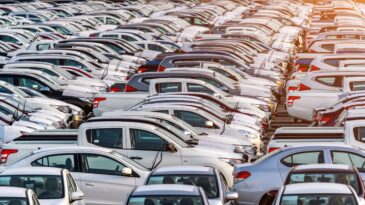 Wide shot of a crowded parking lot with rows of white cars parked closely together under warm sunlight.